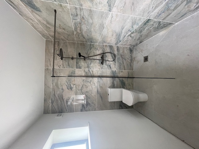 Walk-in shower and toilet with matte black fittings